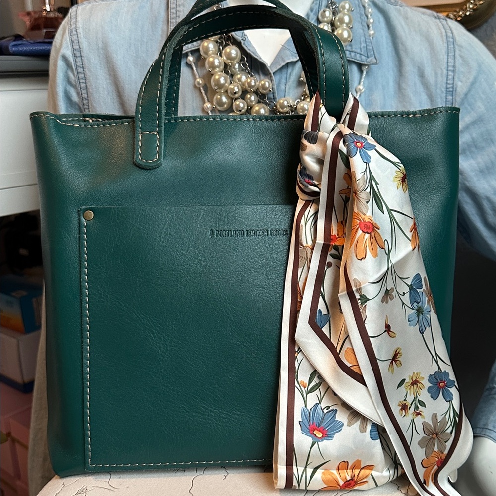 Portland Leather Teal Green Crossbody Tote with Floral Scarf